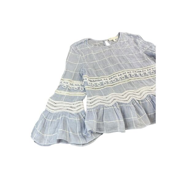 Jonathan Simkhai Blue Voile Grid Cotton Blouse XS Lace Ruffle Hem Top Keyhole - Picture 6 of 11
